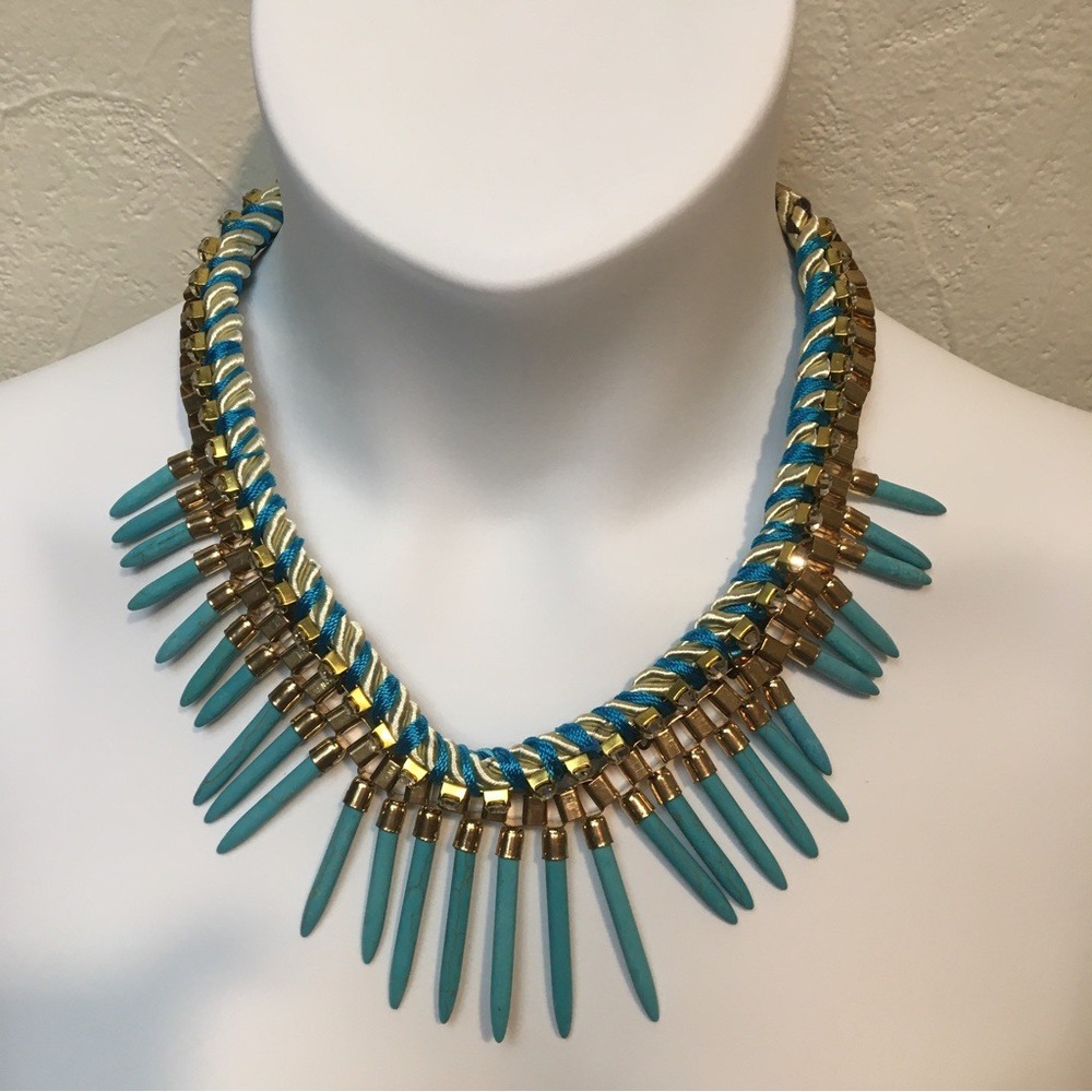 Turquoise Colored Pointy Beaded Statement Necklace - image 1
